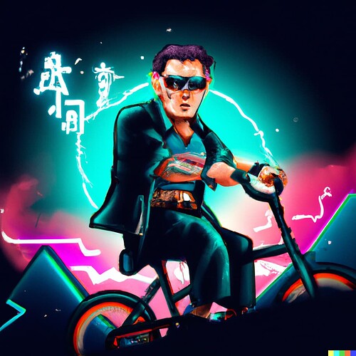 DALL·E 2023-04-07 00.45.53 - realistic Yakuza with neon background with sunglases and cigarette. He is riding a bike on the mountain and have a katana behind